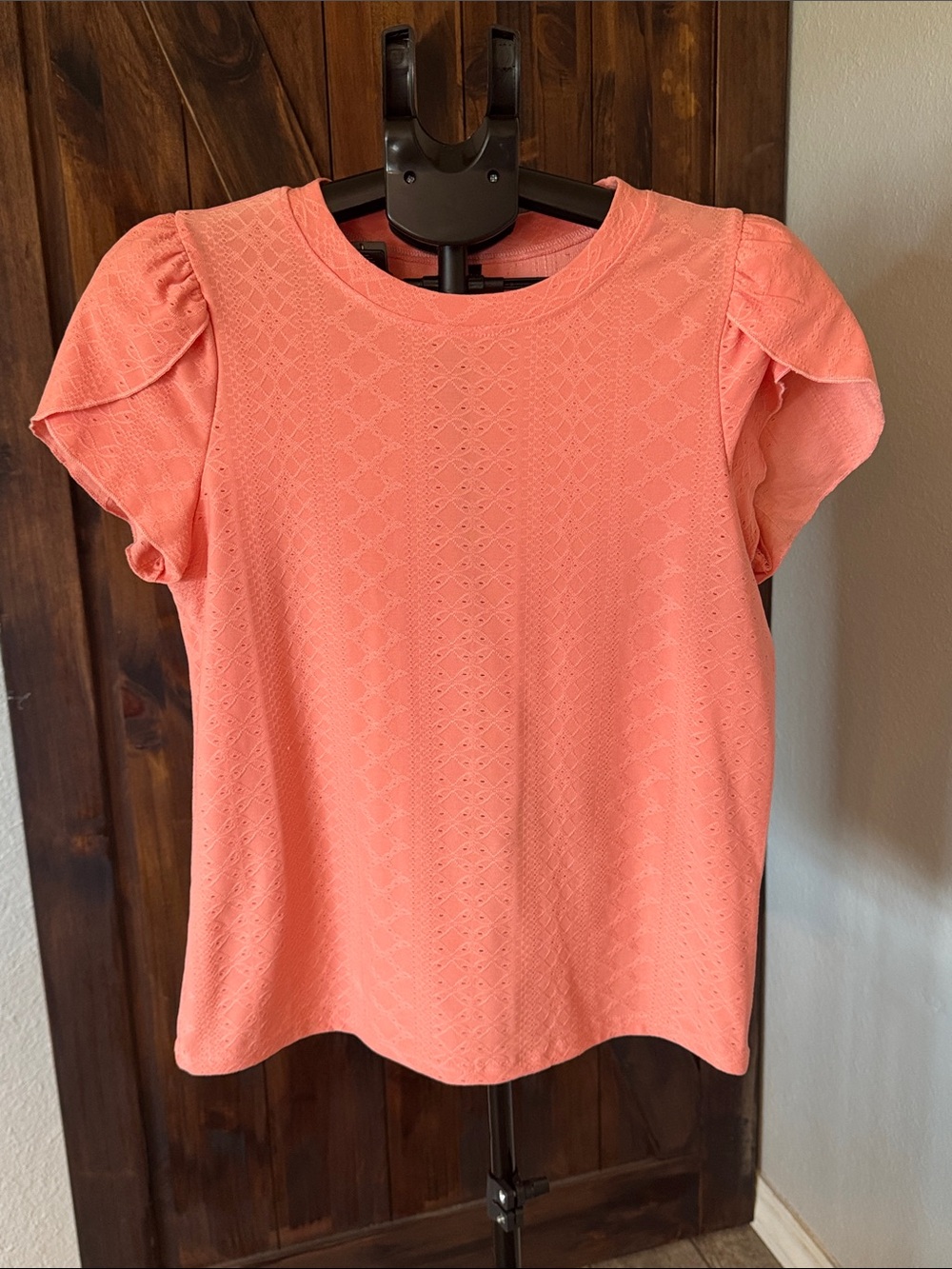 SHEIN Coral Eyelet Puff Sleeve Top
